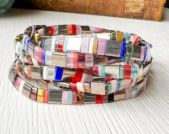 Tila Bracelet Colorful Tile Bead Bracelet Square Bead Stack Bracelet Trendy Layering Jewelry