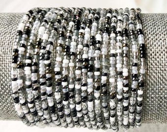 Black White Bracelet Tiny Bead Stretch Jewelry Dainty Stackable Beaded Accessory Glass Seed Monochrome Design Minimalist Style Bohemian