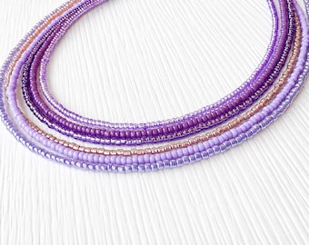 Purple Bead Necklace Glass Seed Jewelry Minimalist Lavender Choker Adjustable Length Chain Extender Handmade Accessory Violet Elegant