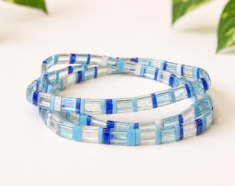 Tila Bead Bracelet Beaded Trendy Boho Bracelets Colorful Blue Elastic Stretch Band Jewelry for Women Teens Girl Birthday Present Gift