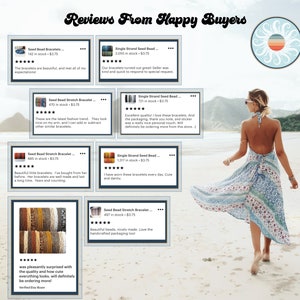 May include: A digital collage featuring the text Reviews From Happy Buyers, a circular sun logo, and eight rectangular customer review boxes for seed bead bracelets. A person in a blue and white patterned halter dress walks on a sandy beach.
