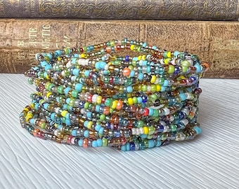 Seed Bead Bracelet Bohemian Style Dainty Jewelry Boho Accessory Beach Inspired Aqua Color Turquoise Design Stretch Elastic Stacking Piece