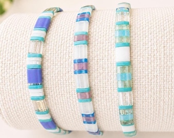 Blue Tila Bracelet Beach Vibe Summer Style Bohemian Jewelry Handmade Design Geometric Pattern Turquoise Beadwork Stretch Band Adjustable