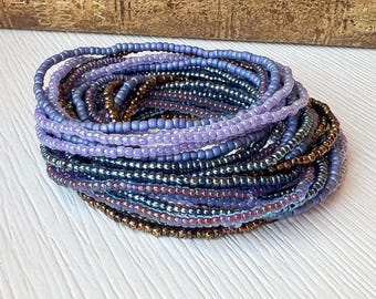Stretch Bead Bracelet Glass Seed Jewelry Elastic Beaded Boho Accessory Purple Blue Bronze Color Minimalist Design Stacking Layering Set