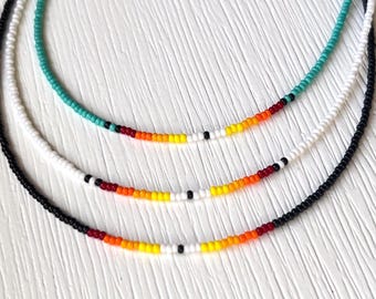Beaded Surfer Necklace Seed Bead Beach Accessory Summer Style Bohemian Turquoise Jewelry Handmade Design Ocean Inspired Boho Fashion