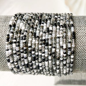 Seed Bead Stretch Bracelets Black & White Beaded Dainty Stackable Bracelets