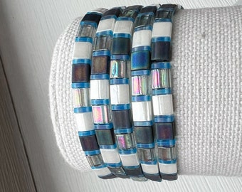 Tile Bead Stretch Bracelet Tila Stack Bracelet Blue Stackable Square Bead Bracelets For Women