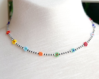 Seed Bead Flower Choker Daisy Chain Necklace Adjustable Beaded Jewelry Gift