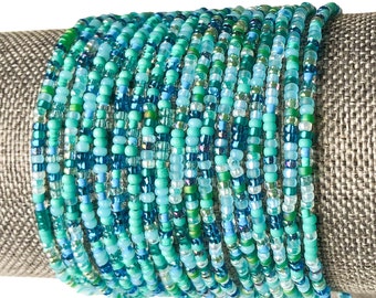 Seed Bead Stretch Bracelets For Stacking & Layering Boho Everyday Bracelet Set Aqua Tiny Beaded Bracelets