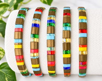 Tila Bead Bracelet Miyuki Tile Beaded Design Boho Style Stackable Colorful Coastal Fashion Accessory Flat Plus Size Petite Jewelry Bohemian