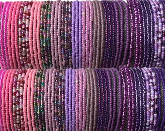 Single Strand Seed Bead Stretch Bracelet- Beaded Stacking Bracelet- Pink & Purple Collection