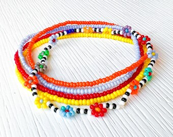 Seed Bead Bracelets For Her Bright Colorful Stretch Beaded Daisy Bracelet Stackable Fun Friendship Gift