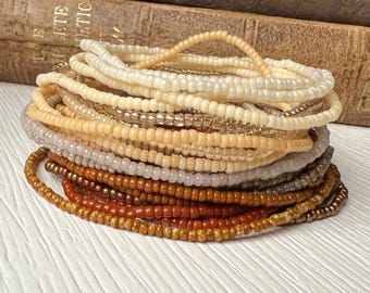 Boho Glass Bead Bracelet Stackable Earthy Tone Hippie Fashion Accessory Everyday Layered Jewelry Vintage Inspired Bohemian Gift Neutral