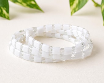 Miyuki Tila Bracelet Stretch Beaded Minimalist Jewelry Square Bead Flat Design Japanese Tile Stacking Accessory Trendy Bachelorette Gift