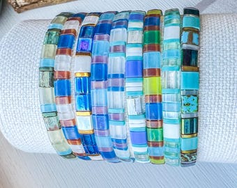 Miyuki Glass Bracelet Blue Stretch Beaded Elastic Wristband Turquoise Tila Jewelry Handmade Wrist Accessory Boho Style Beach Summer