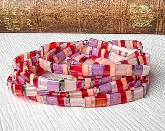 Tila Bracelet Tile Bead Bracelet Miyuki Square Bead Stacking Layering Trendy Boho Jewelry Red and Pink Bracelets