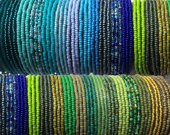 Single Strand Seed Bead Stretch Bracelet- Beaded Stacking Bracelet- Blue & Green Collection