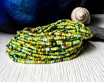 Seed Bead Bracelets, Bohemian Beaded Stacking Stretch Bracelets, Forest Fern Mix Bracelet