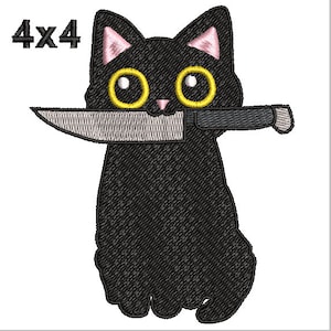 ナイフを持った黒猫の刺繍デザイン