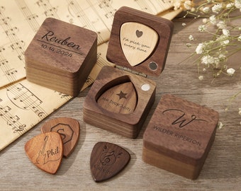 Custom Guitar Pick Box, Personalized Wooden Guitar Picks with Holder, Guitar Pick Case, Personalized Gift For Musicians, Music Gift for Him