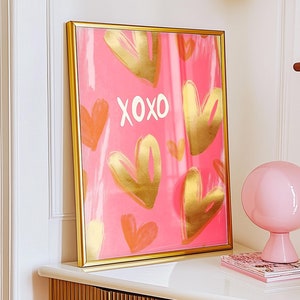 Impresión artística en rosa y dorado XOXO, póster de pared con tipografía de corazones metálicos, decoración minimalista para el hogar de la niña, regalo de San Valentín para niña, sin marco