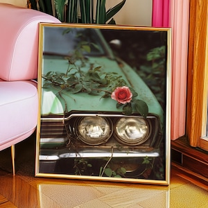 Impresión de arte de pared con camioneta retro y rosa, póster de fotografía floral vintage, regalo de decoración de flores rústicas de granja romántica, letrero sin marco