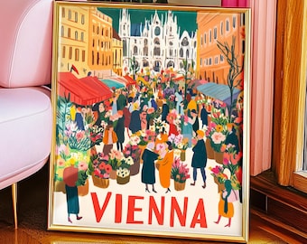 Vienna Travel Poster Print, Retro Flower Market Illustration Painting Art Print, Vintage Austria City Floral Décor, Austrian Gift, Unframed