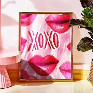 Impresión de arte de pared con labios XOXO, póster retro rojo rosa XO Hugs Kisses, decoración maximalista para dormitorio de apartamento con dopamina Y2K, regalo de San Valentín, sin marco