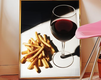Red Wine and French Fries Art Print, Modern Bar Cart Kitchen Wall Décor, Trendy Food Cocktail Drinks Poster, Wino Foodie Gift, Unframed Sign