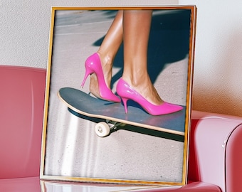 Retro Pink Skateboard Art Print, Y2K Skater Girl Wall Poster, Girly Vintage Skate Sports Décor, Trendy Skateboarding Gift for Teen, Unframed