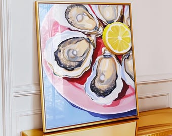 Oyster Shell Painting Art Print, Coastal Pastel Watercolor Seafood Wall Poster, Beach House Ocean Restaurant Décor Food Gift, Unframed