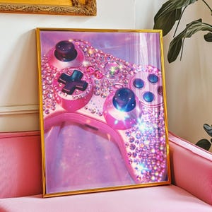 Impresión artística de sala de juegos retro rosa, linda decoración de pared de jugadora femenina, póster de controlador de videojuego de moda para regalo, juegos de X Box pastel, sin marco