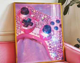 Retro Pink Gaming Room Art Print, Cute Girly Gamer Wall Décor, Trendy Video Game Controller Poster for Gift, Pastel X Box Games, Unframed