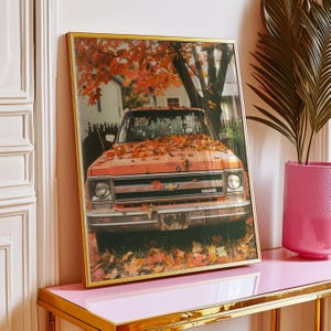 Impresión de arte mural con fotografía de otoño, póster de hojas de otoño de camioneta Chevy, decoración rústica de granja con follaje natural, regalo de Acción de Gracias, sin marco