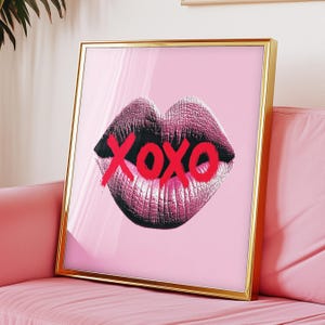 Impresión de arte de pared con labios XOXO, póster retro rojo rosa XO Hugs Kisses, decoración maximalista para dormitorio de apartamento con dopamina Y2K, regalo de San Valentín, sin marco
