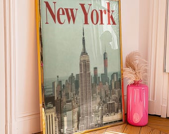 New York City Retro Art Print, Empire State Building NYC Cityscape Travel Poster Unframed Sign, Vintage Cover Skyline Wall Décor Yorker Gift