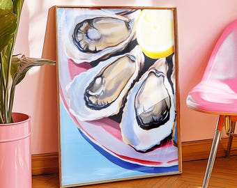 Oyster Shell Painting Art Print, Coastal Pastel Watercolor Seafood Wall Poster, Beach House Ocean Restaurant Décor Food Gift, Unframed