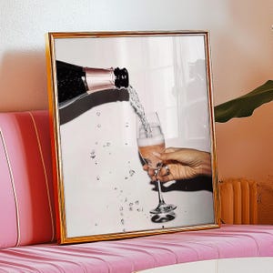 Champagne Cheers Art Print, Trendy Cocktail Pour Drink Poster, Preppy Alcohol Bar Cart Wall Sign, Retro Vintage Kitchen Décor Gift, Unframed