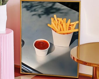 French Fries Wall Art Print, Retro Fast Food Poster, Bar Cart Kitchen Vintage Restaurant Décor, Gift for Foodie, College Dorm Sign, Unframed
