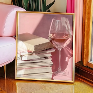 Lámina de arte de pila de libros y vino, póster de pared acogedor para amantes de los libros, regalo para amantes de los libros, decoración de apartamentos con rincón de lectura, estética suave y femenina, sin marco