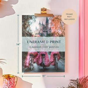 May include: An unframed print of a whimsical scene featuring three bicycles adorned with pink tinsel, riding past a castle in the background. The print is 11x14 inches and is labelled "UNFRAMED PRINT in standard 11x14" poster size".