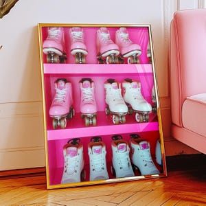 Impresión de arte de pared con patines retro, póster sin marco con diseño de patines rosas femeninos, decoración maximalista para dormitorio con diseño de dopamina, regalo elegante para adolescentes
