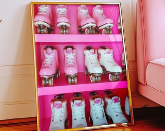Impresión de arte de pared con patines retro, póster sin marco con diseño de patines rosas femeninos, decoración maximalista para dormitorio con diseño de dopamina, regalo elegante para adolescentes