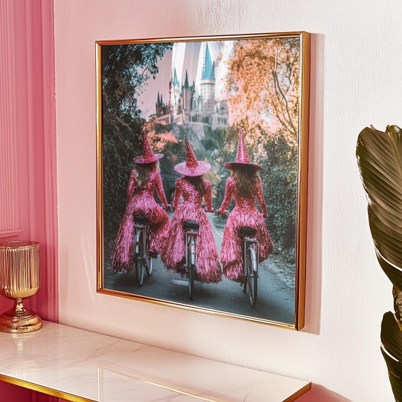 Witches Riding Bikes Wall Art Print, Pink Witch Gothic Poster, Witchy Fantasy Dark Library Room Décor, Halloween Spooky Gift, Unframed Sign