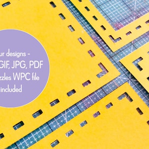 May include: Four yellow paper squares with cut-out designs on a green cutting mat. The squares are arranged in a diagonal pattern. The text "Four designs - SVG, GIF, JPG, PDF & Pazzles WPC file included" is written in white on a purple circle.