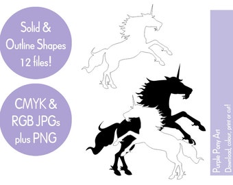 Black & white unicorn clip art, fantasy clip art, digital download JPG PNG, mythological creature clip art - instant download