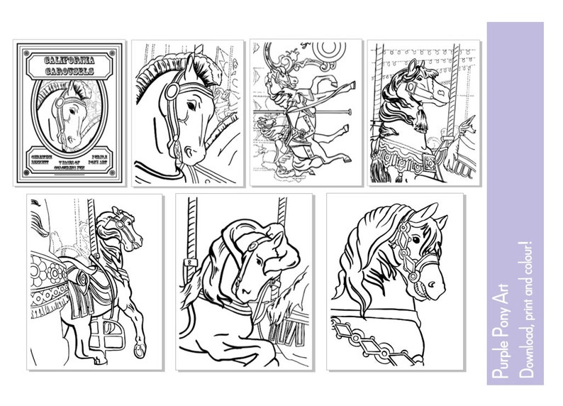 Carousel horse coloring book printable PDF colouring book instant download digital download coloring pages image 3