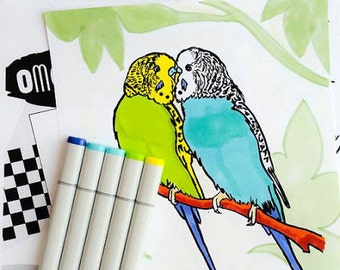 Budgies coloring book printable PDF, bird colouring book, instant digital download parrot coloring pages, parakeet or budgerigar pets