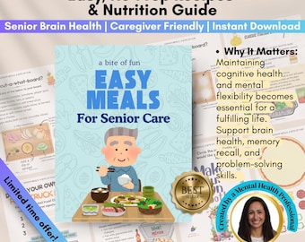 May include: A colorful digital download guide for easy meal planning for seniors. The guide features a cartoon illustration of a senior eating a meal, a best seller badge, and the text "Easy Meals for Senior Care".