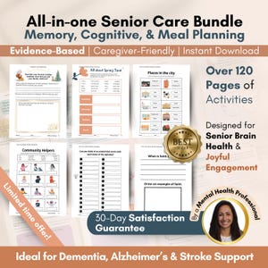 May include: A colorful digital download bundle for senior care, featuring over 120 pages of activities designed to support brain health and joyful engagement. The bundle includes worksheets for memory, cognitive skills, and meal planning. The text "Over 120 Pages of Activities" is featured in a large font at the top of the image. The text "Designed for Senior Brain Health & Joyful Engagement" is featured in a smaller font below the large text. The text "30-Day Satisfaction Guarantee" is featured in a large font at the bottom of the image. The text "Ideal for Dementia, Alzheimer's & Stroke Support" is featured in a smaller font below the large text.